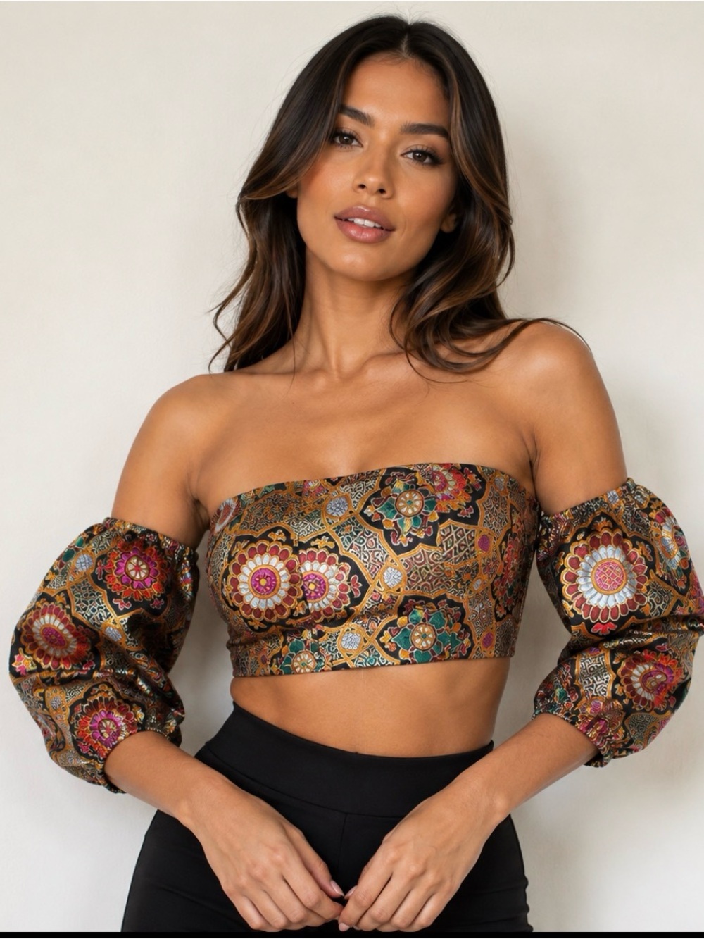 Floral Brocade Off-Shoulder Crop Top in Gold size 8